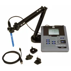 This benchtop multiparameter meter kit is configured for conductivity and temperature testing. It includes a combination pH and temperature dual junction pH probe and a pH lab kit. Suitable for laboratory water quality analysis.