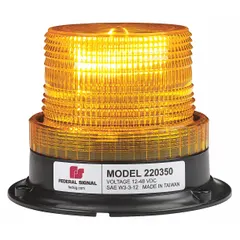 This amber LED beacon provides visual warning for vehicles in low-speed zones such as work trucks and material handling equipment. It operates on 12/72V DC, features a single flash pattern, and mounts via pipe with a pigtail electrical connection. Includes an O-ring gasket and is SAE Class 2 rated.