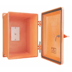 NEMA 4X-rated, corrosion-resistant plastic enclosure for wall telephones. Orange color for high visibility. Features a modular jack and spring door return. Designed for pole mounting in outdoor or harsh environments where a weatherproof telephone housing is required.