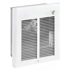 This compact recessed electric wall heater operates on 208/240V AC single-phase, delivering 1000 W or 2000 W of heat. It features a white grille and non-programmable control. Rough-in dimensions are 11-1/4 in x 9-1/2 in x 3-3/4 in. Suitable for supplemental or primary heating in commercial and industrial spaces such as offices, workshops, and storage areas.