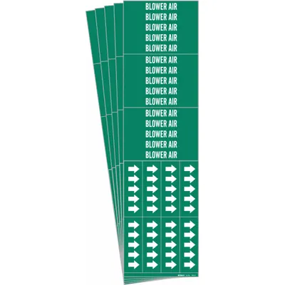 BRADY Pipe Marker: Blower Air, Green, White, Fits 3/4 in and Smaller Pipe O.D. - Blower Air Adhesive Pipe Markers