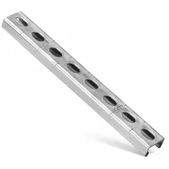 This single strut channel is formed from 14 ga steel with an electroplated silver finish. It features half-slotted holes measuring 9/16 in by 7/8 in on 1-1/2 in centers, providing a versatile mounting platform for supporting conduit, cable trays, piping, and equipment in electrical, mechanical, and industrial framing systems.