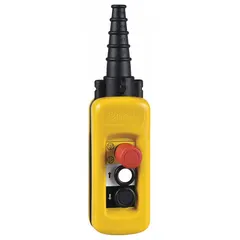 Push-button pendant control station with two push buttons and one mushroom emergency stop operator. Features maintained/momentary/momentary action, 1NO/1NC contact configuration, and plastic enclosure rated NEMA 1/4/4X/5. Dead-end hub style with integral strain relief. AC contact rating 1.2 A at 600 V, DC contact rating 0.27 A at 250 V. Suitable for remote control of industrial machinery such as cranes, hoists, and conveyors.