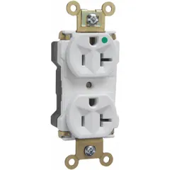 Duplex general purpose receptacle rated 125V AC, 20 A, NEMA 5-20R configuration, 2 pole / 3 wire. White finish. Suitable for use in commercial and institutional settings requiring a 20A, 125V grounded outlet.
