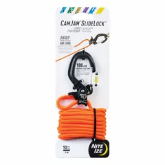 This ratchet-style rope tie-down features a carabiner clip and a 10 ft nylon rope with 4 mm diameter. The ratchet mechanism allows quick tensioning and release without knots. Suitable for securing loads, camping gear, or equipment in transport and outdoor applications.