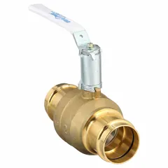 Two-inch brass ball valve with full port design for minimal pressure drop. Straight body with Press x Press connections and lever handle. Used for on/off flow control in commercial and industrial piping systems handling water, oil, or gas.