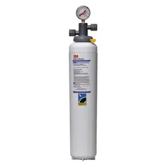This water filter system is designed for drinking fountains and beverage machines. It reduces sediment using a prefilter wrap media. The unit has a flow rate of 5 gpm and a capacity of 54,000 gal. Connections are NPT type. Overall height is 23 5/8 in and diameter is 5 in.