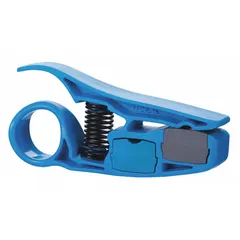 Hand tool for cutting and stripping Cat 5E, Cat 6, RG-59, and RG-6 cables. Overall length 4 1/2 in. Suitable for UTP cable installations in data and coaxial applications.