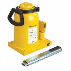 This manual-handle, mechanical bottle jack has a 33-ton load capacity and a steel body. Its high-clearance design allows positioning under low machinery or structural loads where standard jacks cannot fit. Suitable for heavy lifting in industrial maintenance, construction, and manufacturing applications.