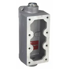 Rectangular dead-end electrical box for hazardous locations, accommodating up to three devices. Iron construction with 1/2 in hub size and overall height of 9 3/16 in. Used to house wiring connections and devices in environments where flammable gases or dusts may be present.
