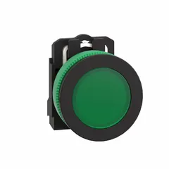 Green LED pilot light from the XB5 series for 30 mm panel mounting. Used as a visual status indicator on industrial control panels, operator stations, and control cabinets to signal conditions such as power-on or run status. No push-to-test function included.