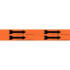 Non-reflective vinyl pipe marker with orange background and black legend text. Width 7 in, length 1 1/8 in, supplied on a 7 in wide roll. Used to indicate flow direction and identify pipe contents in industrial piping systems.