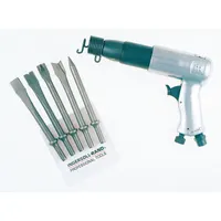 This air hammer kit delivers 2,000 blows per minute with a 3 1/2 in stroke. It is suited for maintenance to light production tasks such as cutting, chiseling, and punching metal. The kit includes a punch retainer and is commonly used in automotive repair and metal fabrication