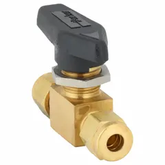 This brass ball valve is a straight, one-piece design with compression connections on both ends. It is used for manual on/off or redirecting flow in pneumatic, hydraulic, and process control instrumentation circuits. The lever handle provides straightforward operation.