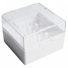 This resin freezer box is designed for organizing and protecting samples in freezer environments. With overall dimensions of 75 mm length and 75 mm width, it is suitable for cold storage of vials, tubes, or cryogenic specimens in laboratory settings.