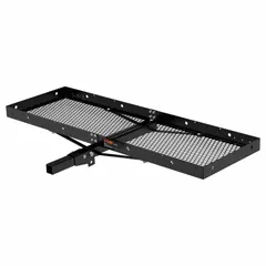 This CURT hitch-mount cargo carrier is constructed from steel with a black finish. It is foldable and compatible with Class II hitches, measuring 60 inches in overall length and 2 3/4 inches in overall height. This model does not include a ramp. Suitable for transporting gear, luggage, or equipment behind a vehicle.