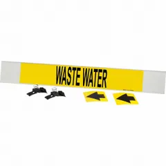 Yellow fiberglass carrier-mounted pipe marker with black legend text reading 'Waste Water'. Fits pipe outer diameters of 8 inches and larger. Includes directional arrows. Designed for identification of waste water lines in industrial piping systems.
