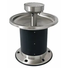 This ACORN wash fountain features a circular stainless steel bowl in a black/silver finish with a foot-operated push button for hands-free activation. It includes a P-Trap drain and measures 38 1/4 inches overall width. Suitable for commercial restrooms and high-traffic areas requiring durable, easy-to-clean fixtures. Not ADA compliant.
