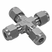 This HAM-LET compression cross fitting is a double-ferrule stainless steel fitting from the Let-Lok series. It accepts 3/8 in OD tubing on all four ports and is compatible with Swagelok fittings. The double-ferrule design provides a leak-tight seal under vibration and thermal cycling, suitable for high-pressure fluid and gas handling in industrial plants