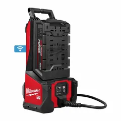 This cordless concrete vibrator kit operates on a 72V DC system with a brushless motor and a 9 7/10 in radius. It includes two 8.0 Ah batteries, a supercharger, and a remote. Used for consolidating concrete in slabs, walls, and foundations to remove air pockets and ensure uniform density.
