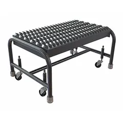Single-step rolling stool with a 12-inch standing height and 350 lb load capacity. Constructed with a silver aluminum rectangular platform and four swivel casters for mobility. Suitable for industrial settings requiring a portable low-height step for accessing elevated items.