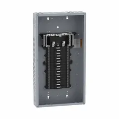 Indoor main lug load center rated 125A at 120/240V AC, single-phase, with a 65kA short-circuit current rating. Provides 32 spaces for branch circuits and accepts up to 6 tandem breakers. Convertible design with plug-on neutral; enclosure cover ordered separately.