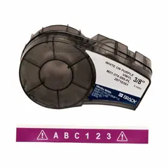 Continuous thermal transfer label roll with ribbon in cartridge, 3/8 in width, 21 ft length. Autoclavable vinyl with gloss finish. For use with BMP21-LAB printer series. Suitable for labeling items requiring repeated sterilization.