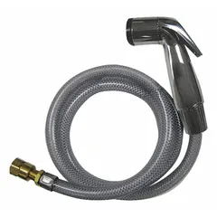 This kitchen sprayer features a plastic body with a chrome finish. It has a 1/2" NPT inlet connection for attachment to standard kitchen faucets. Suitable for rinsing dishes, produce, and cookware.