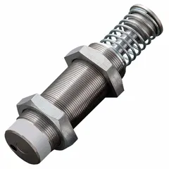 Steel industrial shock absorber rated at 100 N force. Used to decelerate and dampen impact loads in automation, packaging, and material handling equipment, protecting machinery from vibration and shock damage.