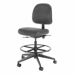 This task chair from the Rhino+ Series features a molded foam seat and vinyl back for comfort during extended use. The nylon frame provides structural support, and the graphite color offers a neutral appearance. Suitable for industrial workstations requiring durable seating.