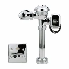 Electric-operated toilet flush valve with top spud location. Delivers 1.28 gallons per flush. Rough-in measures 11-1/2 inches. Suitable for commercial restroom installations requiring automatic, touchless operation.