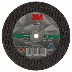 This 3M cut-off wheel is designed for cool-cutting on carbon and stainless steel. It features a ceramic abrasive with 60 grit, Type 1 configuration, and dimensions of 4" diameter, 0.035" thickness, and 1/4" arbor hole. Suitable for metal fabrication and maintenance tasks.