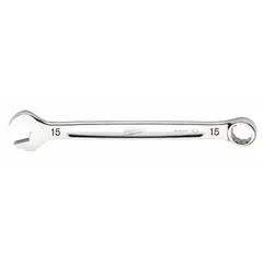 This MILWAUKEE combination wrench features a 15 mm 12-point box end and open end for turning metric fasteners. Made of chrome vanadium steel with a chrome finish, it has an overall length of 7 7/8 inches. Suitable for automotive, industrial, and general maintenance applications.