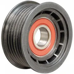 This DAYCO idler pulley is a ribbed, polymer serpentine pulley for light-duty applications. It is compatible with 6PK belt trade sizes and is used in vehicle accessory drive systems to maintain proper belt tension.