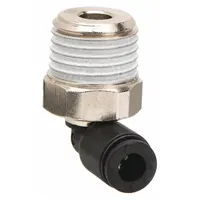 This LEGRIS fitting is a nylon and nickel-plated brass push-to-connect elbow with male BSPT threads. It connects 3/8 in OD tubing to 1/4 in pipe threads, providing a 90-degree turn in pneumatic or fluid systems. Sold in a 10-pack with black finish