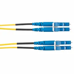 This 3-meter duplex single-mode fiber optic patch cord features LC connectors on both ends, OS1 fiber type (9/125µm), and A-B polarity. The yellow OFNR riser-rated jacket is suitable for vertical runs between floors. Used for connecting switches, routers, and patch panels in fiber optic networks requiring low signal loss over longer distances.