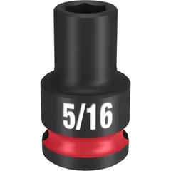 This MILWAUKEE impact socket features a 3/8" drive and a 5/16" SAE hex size with a 6-point design. The black phosphate finish provides corrosion resistance. It is used for fastening and loosening fasteners with impact tools in automotive, construction, and industrial applications.