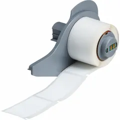 White matte precut label roll in sizes 2 in x 1 in and 1 in x 2 in. Designed for use with M710 printer series. Labels destruct upon removal, leaving visible residue to indicate tampering. Suitable for asset identification and security applications where tamper evidence is required.