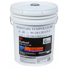 3M 100NF is a water-resistant, heat-resistant contact adhesive for bonding foam and fabric to non-porous or porous surfaces such as cardboard. Supplied in a 5-gallon beige pail, it is applied by spray-on method and meets LEED standards with a VOC content of 20 g/L.
