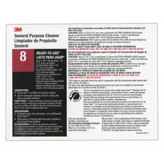Secondary container label for identifying 3M General Purpose Cleaner 8. Measures 8 1/2 inches wide. Supplied in a 12-pack. Used for workplace safety and compliance labeling in industrial facilities.