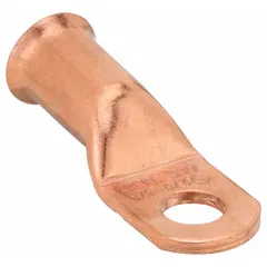 Straight copper lug for 2/0 gauge cable with 3/8 inch stud size. Supports crimp or solder termination. Used for terminating battery cables or distribution studs in electrical panels and heavy equipment.