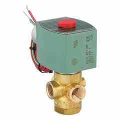 This 3-way/2-position normally closed solenoid valve features a brass body and a watertight coil enclosure. It operates on 12V DC and has a 1/4 in pipe size. Typical applications include controlling the flow of air, water, or light oil in industrial automation, irrigation, and process control systems.