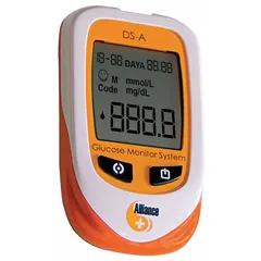 Plastic blood glucose meter with LCD display. Requires one battery. Includes carrying case. Compatible with MS-76016 test strips. Used for monitoring blood glucose levels in clinical and home settings.