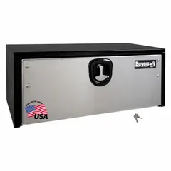 This steel single drop-down door box is designed for underbody mounting on trucks, providing secure storage for tools and equipment. It features a keyed lock and a gloss black/silver finish. Overall depth is 14 inches.