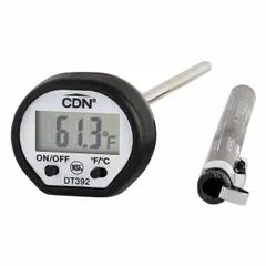 Digital thermometer with LCD display, plastic case, and 5 5/8 in overall length. Accuracy of ±1.7 °F or ±1 °C. Features a temperature guide on the sheath. NSF certified. Suitable for food safety and cooking applications.