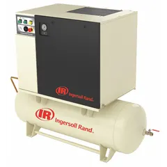 Horizontal rotary screw air compressor with integrated air dryer. 5 hp motor, 16 cfm capacity, 80-gallon tank. Operates on 200V AC, three-phase power. Suitable for continuous-duty compressed air supply in industrial facilities, workshops, and manufacturing plants.