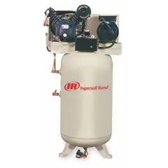 Two-stage, splash-lubricated stationary electric air compressor with a vertical 80-gallon tank. Delivers 16.8 cfm at 175 psi, powered by 480V AC three-phase. Includes a pressure safety valve. Suitable for powering pneumatic tools and air-operated equipment in industrial settings.