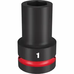 This 1" drive impact socket is designed for use with high-torque impact tools. It features a 1" SAE socket size, 6-point deep configuration, and black phosphate finish. Suitable for heavy-duty fastening applications in industrial maintenance, construction, and automotive repair, it allows access to recessed bolts and nuts on equipment and machinery.