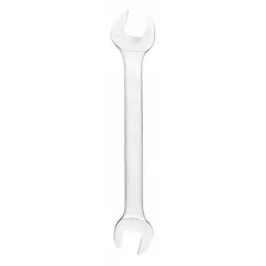 This metric double-end open end wrench is made of alloy steel with a satin finish. It features 14 mm and 15 mm head sizes and a 7 1/2-inch overall length. Used for tightening or loosening nuts and bolts in metric applications, such as automotive repair, machinery maintenance, and general assembly tasks.