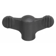 Wing knob with threaded hole for manual clamping, positioning, and adjustment on machinery and fixtures. Plastic body with stainless steel thread insert. M5 thread, 10 mm thread length, 50 mm diameter.